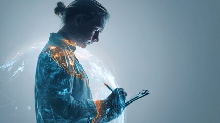 Poster - Young Executive Writing on Clipboard with Futuristic Blended Background