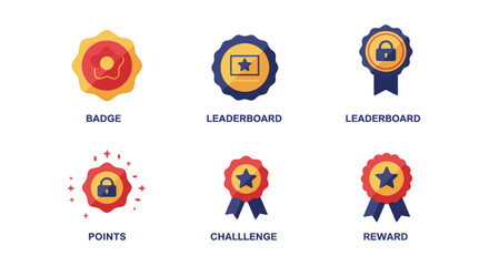 Poster - Diverse set of badge and reward icons depicting leaderboard challenge and points for gamification and achievements