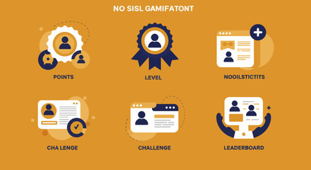 Poster - Gamification elements illustration featuring points level challenges and leaderboard for user engagement and motivation