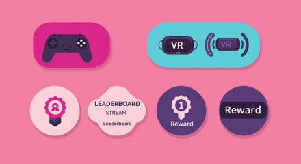 Poster - Gaming concept art featuring a gamepad, VR headset, leaderboard, and reward icons for digital design and marketing, with a pink background