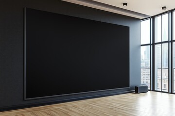 Aufkleber - Black wall mockup in a modern office interior with panoramic windows and parquet flooring. Front view of a blank black canvas for advertising, presentation or meeting room. High quality copy space