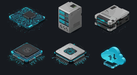 Fototapete - Isometric Technology Icons Representing Cloud Computing, Data Storage, and Microchips for Modern Tech Solutions