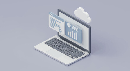 Fototapete - Laptop with cloud storage and data analytics windows for business technology concept