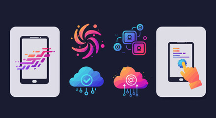 Fototapete - Modern technology concept featuring smartphones, cloud computing and data transfer icons for digital solutions and innovation