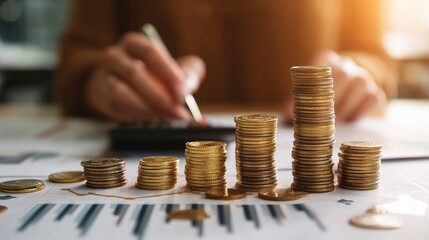 Poster - Woman Analyzing Coins and Stock Chart with Calculator