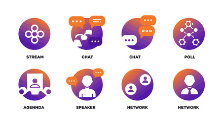 Poster - Set of modern gradient icons representing online communication and collaboration tools for virtual events and meetings
