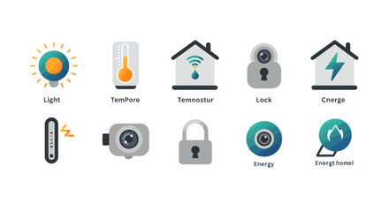 Poster - Smart home automation technology icons for energy efficiency and security systems in modern living spaces