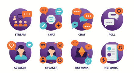 Fototapete - Social media communication and digital networking icons on purple circles illustration depicting online stream, chat, poll, speaker, and ageaker concepts