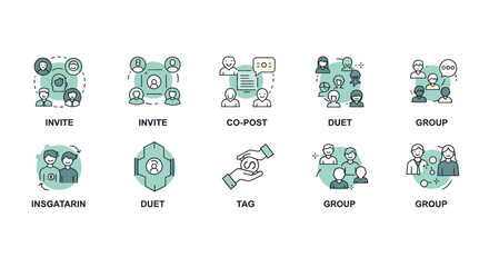 Poster - Social media features icons displaying invite, co-post, duet, group, tag and insgatarian concepts for digital marketing and networking applications