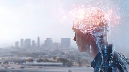 Poster - side view of man with glowing brain hologram and digital data