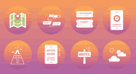 Aufkleber - Travel icons on gradient background for app development and tourism related marketing material