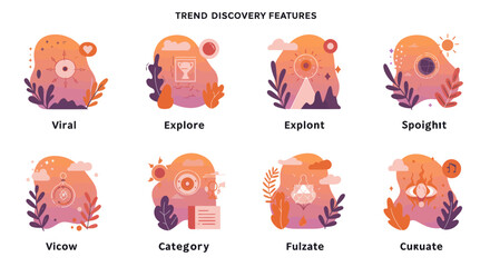Poster - Trend discovery features vector illustration set with viral, explore, explont, spoight, vicow, category, fulzate and cukuatie