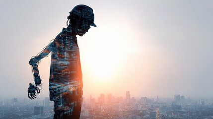 Poster - Young Engineer Silhouette with Robotic Arm Over City Landscape