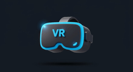Poster - Virtual reality headset with blue accents floating in a dark studio background for immersive gaming experiences and cutting-edge technology
