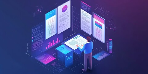 Poster - Man Interacting with Futuristic Data Interfaces: A Vibrant Isometric Design