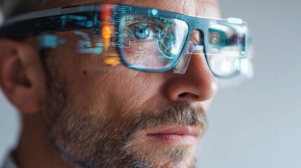 Poster - Businessman with Smart Glasses Displaying Data and Information