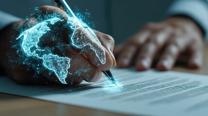 Poster - Businessman Signing Global Contract with Digital World Map Overlay