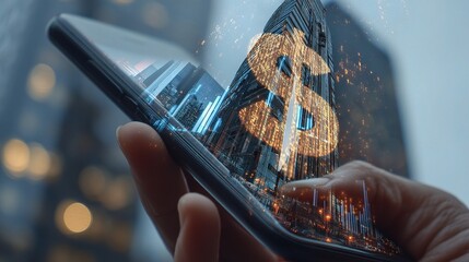Poster - Smartphone in Hand Displaying Stock App with Skyscraper Background