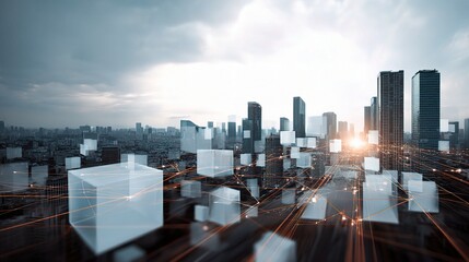 Poster - Modern City Skyline with Double Exposure and Blockchain Elements