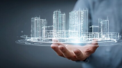 Poster - Professional Holding Blueprint with Rotating Hologram of Cityscape