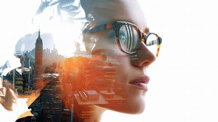 Poster - Woman with Glasses Overlaid with Abstract Cityscape Imagery