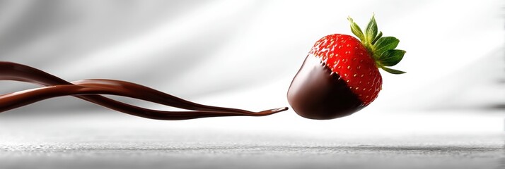Poster - Chocolate Dipped Strawberry Floating in Mid-Air Against a High-Key Backdrop With a Clean and Modern Look