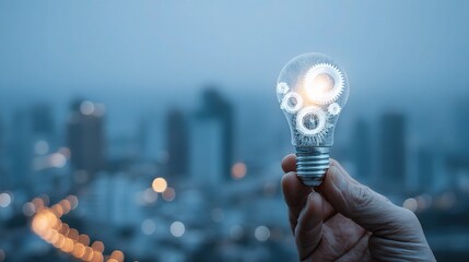 Poster - Hand Holding Glowing Light Bulb with Cogwheel Against Cityscape
