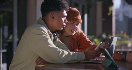 Poster - Student, discussion and outdoor as people with smartphone, bonding or break for conversation on campus. Group of friends, tech and talk for education, scholarship or learning in college or university
