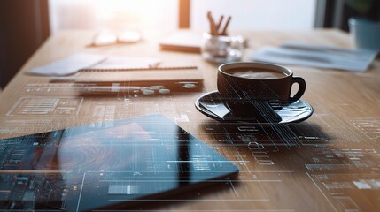 Poster - Modern Office Setup with Tablet and Coffee on Desk Surrounded by Light