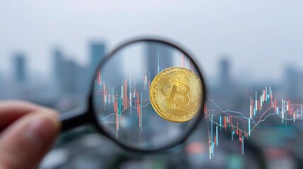 Poster - Investor Examining Cryptocurrency Symbol Through Magnifying Glass