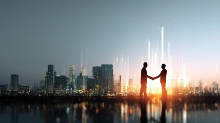 Poster - Businesspeople Shaking Hands Against City Skyline with Data Visuals