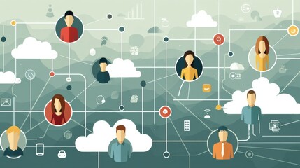 Aufkleber - Connection Among Users in a Digital Landscape With Cloud Technology Represented in Flat Style