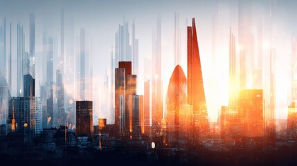 Poster - Abstract Urban Skyline Layers with Business Icons and Golden Hues