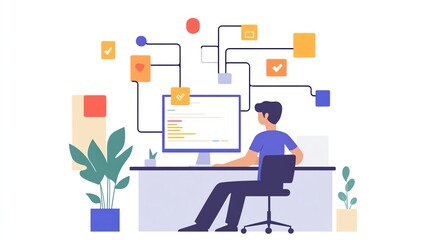 Fototapete - Programmer at Work: Modern Flat Design Illustration