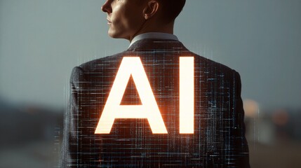 Poster - Businessman with Glowing AI Typography in Modern Urban Setting