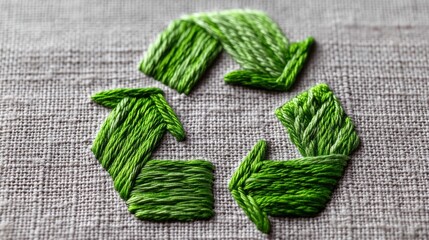 Poster - Green embroidered circle with arrows pointing in different directions. The circle is made of green thread and is embroidered on a grey cloth
