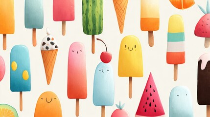 Poster - Colorful cartoon of ice cream and fruit pops. Scene is cheerful and playful
