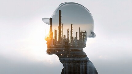 Poster - Silhouette of Worker at Oil Refinery with Layered Background
