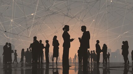Poster - Diverse Silhouettes on Network Mesh Background with Connections