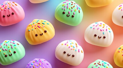 Poster - Row of colorful doughnuts with sprinkles and smiling faces. The doughnuts are arranged in a pattern, with some of them being closer together and others further apart. Scene is cheerful and playful