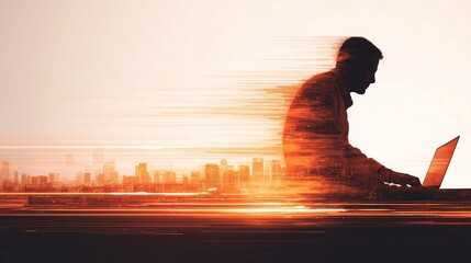 Poster - Silhouette of Man Working on Laptop with City Background