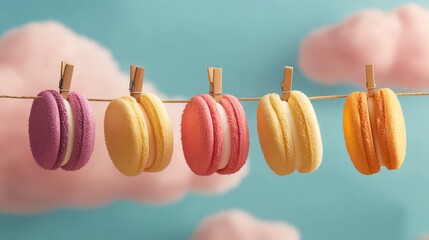 Poster - Row of macarons hanging on a clothesline. The macarons are of different colors and flavors, including pink, yellow, and orange. Concept of freshness and variety, as well as a playful