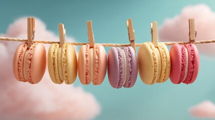 Poster - Row of macarons hanging on a clothesline. The macarons are of different colors and flavors, including pink, yellow, and purple. Concept of freshness and lightness