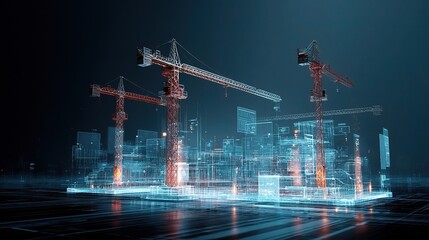 Poster - Futuristic Construction Site with Cranes and Digital Elements