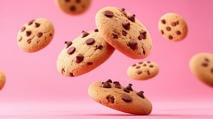 Poster - Close up of three chocolate chip cookies with chocolate chips flying out of them. The cookies are in the air and appear to be falling
