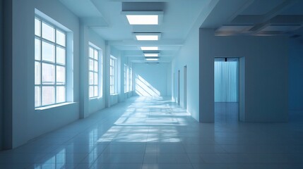 Poster - Modern Empty Office Interior with Blue Walls and Soft Lighting