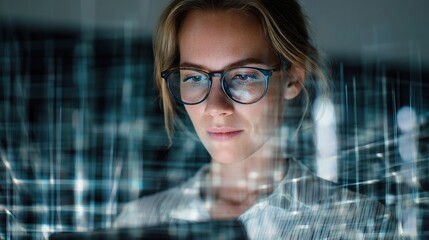 Poster - Focused Woman Manager Reviewing Data on Digital Tablet with Glasses
