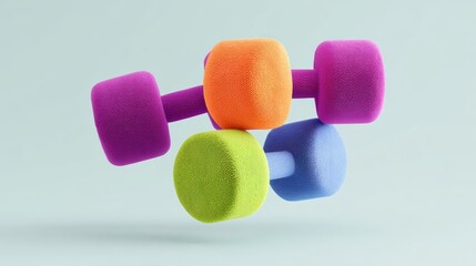 Poster - Group of colorful dumbbells are shown in a 3D image. The dumbbells are of different colors and sizes, and they are arranged in a way that they appear to be floating in mid-air