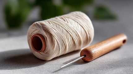 Poster - Spool of thread is next to a wooden needle. The spool of thread is white and the needle is brown. Concept of craftsmanship and attention to detail