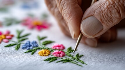 Poster - Hand is embroidering a flower design on a piece of fabric. The flowers are colorful and the design is intricate. Concept of patience and skill, as well as the beauty of handmade art